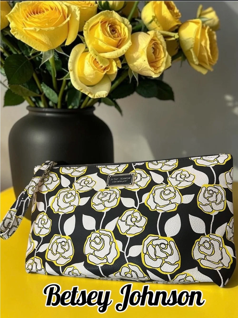 Betsey Johnson Black, White & Yellow Floral Wristlet Clutch w/ Rose Print Lining